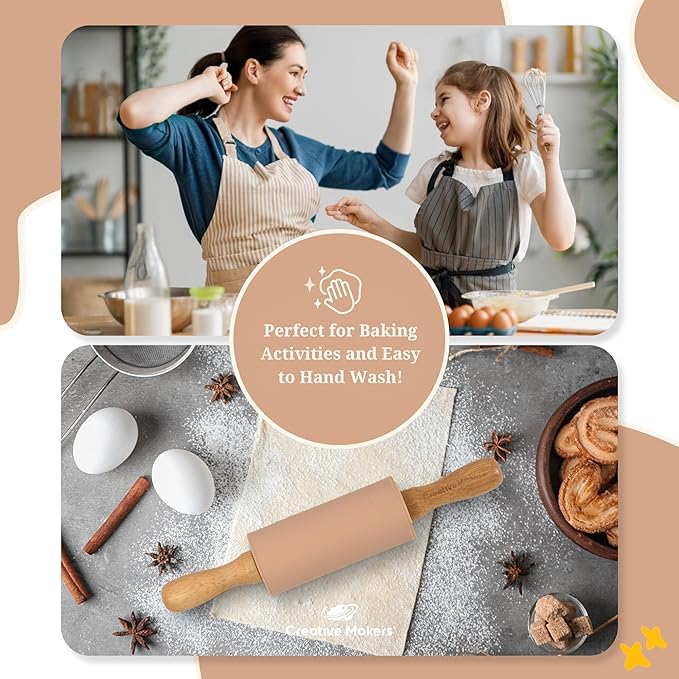 Small Rolling Pin for Kids, Non-Stick Silicone Surface with Wooden Handles for Play Dough and Baking Rolling Pin (Desert Beige)