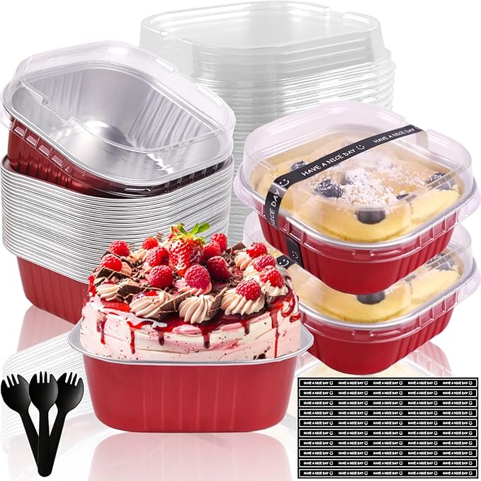 10oz Mini Cake Pans With Lids 50 Pack Aluminum Foil Square Brownie Baking Cups,4”x4” Disposable Loaf Pans With Lids and Spoons Stickers,Large Cupcake Pans Muffin Cake Tins Cake Container(Red)