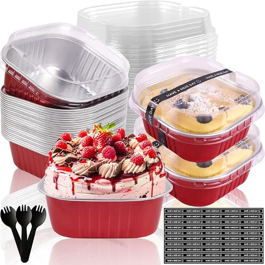 10oz Mini Cake Pans With Lids 50 Pack Aluminum Foil Square Brownie Baking Cups,4”x4” Disposable Loaf Pans With Lids and Spoons Stickers,Large Cupcake Pans Muffin Cake Tins Cake Container(Red)