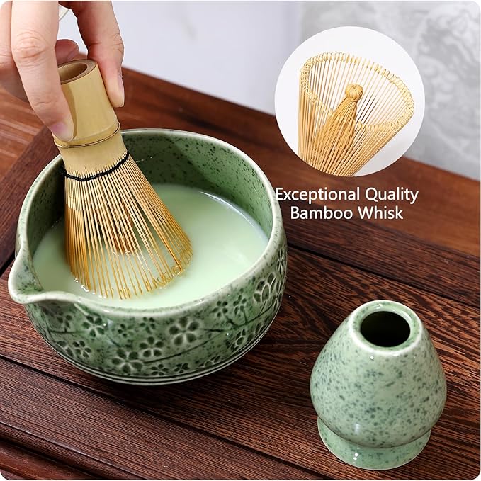 7 Pcs Matcha Whisk Set, Ceremony Matcha Kit with Matcha Bowl, Bamboo Whisk and Holder, Scoop and Scoop Rest, Sifter and Tea Towel, Gift for Matcha Lovers (Mottled Green/Cherry Blossom-Patterned)