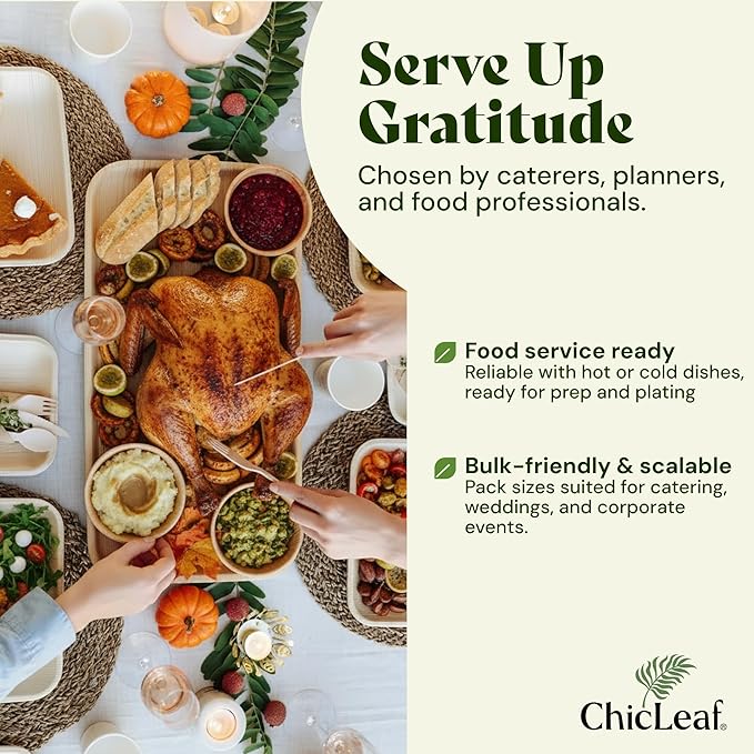 Chic Leaf Rectangular Palm Leaf Platter - 10 x 14 In, Pack of 10, Natural - Compostable Tray for Charcuterie & Party Trays - Oven & Microwave Safe Platter & Bamboo Plates Thanksgiving Dinner