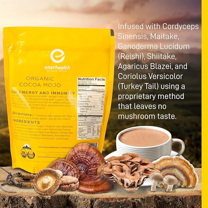 Enerhealth Botanicals Cocoa Mojo – Certified Organic Hot Chocolate Peruvian Cocoa Mix, Sweetened with Low Glycemic Coconut Palm Sugar and Infused with 6 Mushroom Extracts to Boost Immunity – 12 oz