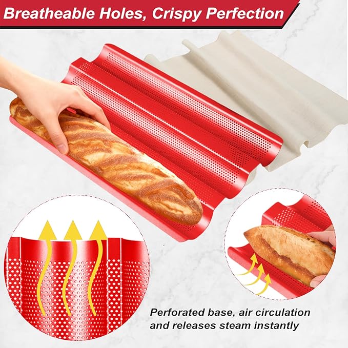 Baguette Bread Pan for Baking – Nonstick Perforated French Bread Pan, 3 Wave Thickened Carbon Steel Baguette Tray for Homemade French Baguettes, Garlic Bread, and Sandwich Rolls, Red