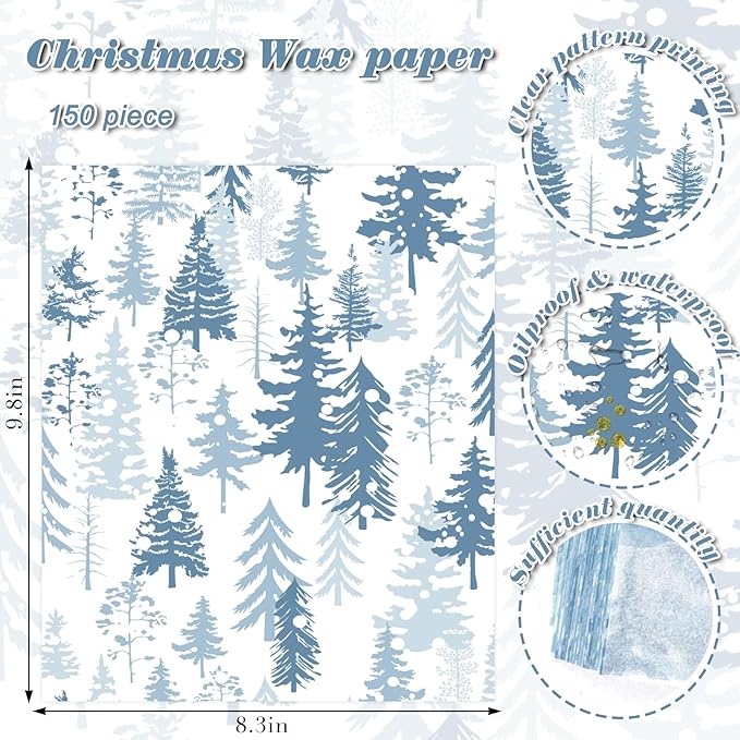 150Pcs Christmas Tree Deli Paper, 9.8 x 8.3'' Forest Grease Proof Food Deli Sheets, Resistant Sandwich Wrap Liners Greaseproof Food Wax Paper for Xmas Winter Party Supplies (Blue)