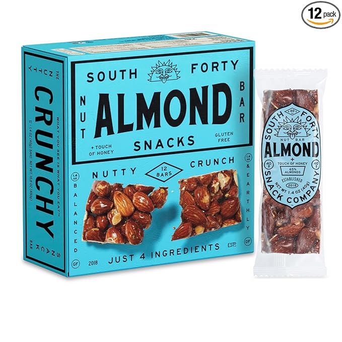 South 40 Snacks Crunchy Almond Bar, Just 4 Ingredients, Touch of Honey (40g Bar, Pack of 12)