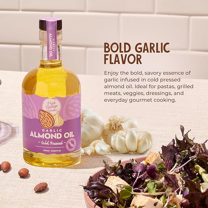 Fresh Vintage Farms Nut Bundle 100% Cold Pressed Almond & Garlic Almond Cooking Oils | Cold Pressed & Nutritious Healthy Oils for Cooking, Baking, Dipping, Salads, & Marinades | 375ml, Pack of 2