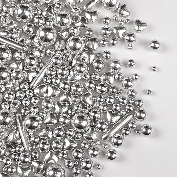 Silver Pearl Rods Heart Christmas Sprinkles, Baking Sugar, Silver Sprinkles for Cake, Mix Size, Cupcake Decoration, Holiday, Wedding Party Supplies, Foodgrade Decorating