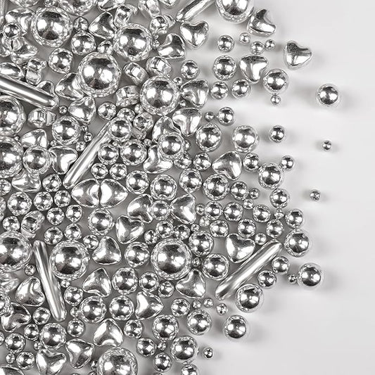 Silver Pearl Rods Heart Christmas Sprinkles, Baking Sugar, Silver Sprinkles for Cake, Mix Size, Cupcake Decoration, Holiday, Wedding Party Supplies, Foodgrade Decorating