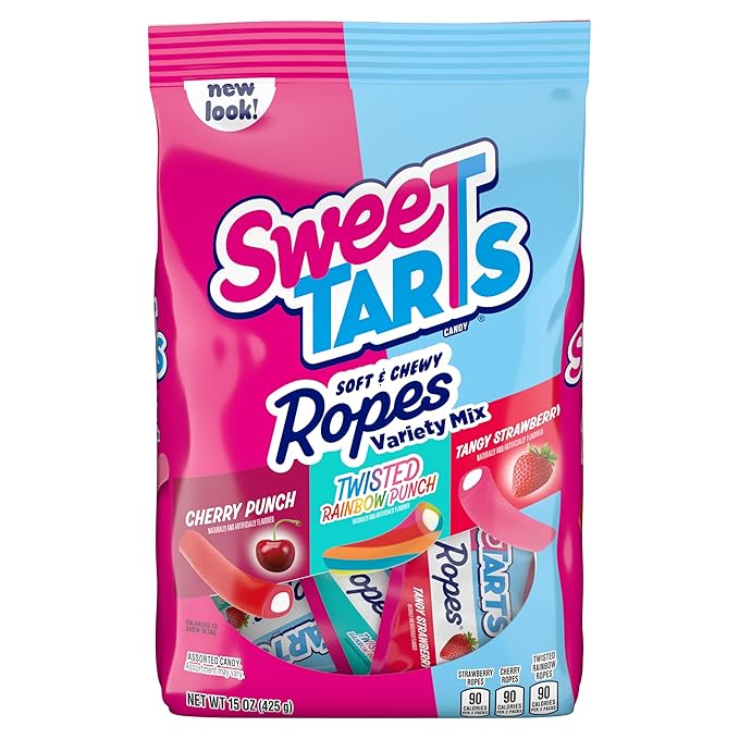 SweeTARTS Ropes Candy, Variety Mix, Cherry Punch, Twisted Rainbow Punch, Tangy Strawberry, Soft and Chewy, 15 oz