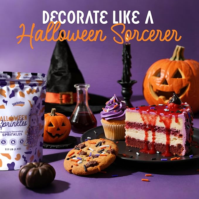 Snackathon Sprinkles for Baking & Decorating, Halloween Sprinkles, 2.2 LB Bulk Spooky Jimmies in Resealable Pouch – Orange, Black, Purple & White Colors for Cupcakes, Cookies, and Treats