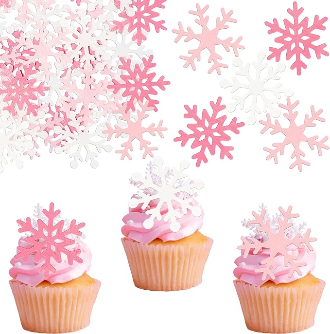 Gyufise 60Pcs Edible Snowflake Cupcake Toppers Winter Cupcake Picks Water Paper Winter Frozen Cake Decorations for Snowflake Theme Baby Shower Kids Birthday Party Supplies Light Pink White