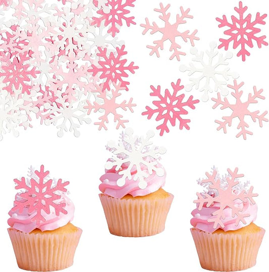 Gyufise 60Pcs Edible Snowflake Cupcake Toppers Winter Cupcake Picks Water Paper Winter Frozen Cake Decorations for Snowflake Theme Baby Shower Kids Birthday Party Supplies Light Pink White