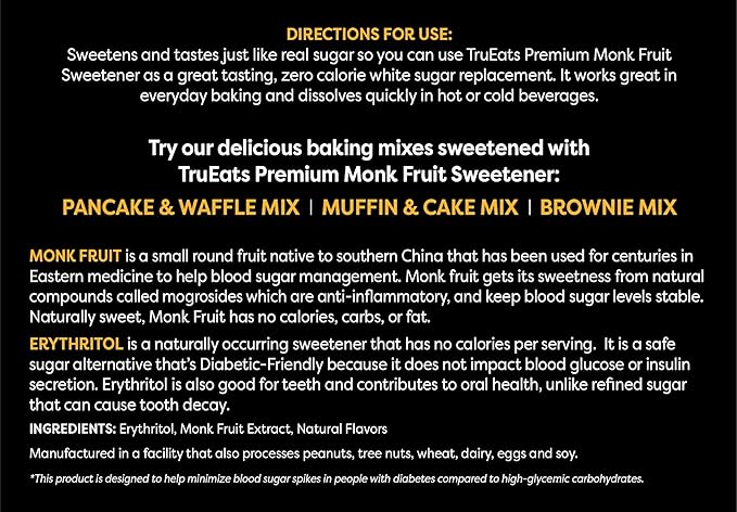 TruEats Premium Monk Fruit Sweetener: Keto, Diabetic Friendly, Zero Calories, Zero Glycemic, Sugar Replacement