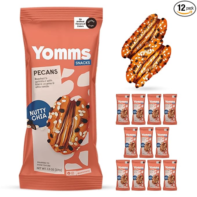 Yomms Nutty Chia Pecans Halves – Low Sugar Healthy Dessert Snack | Crunchy Chia Seeds Pecan Snack | Lightly Sweetened, Honey Roasted Mixed Nuts | Great for Snacking, Salads - 1.3oz - Pack of 12