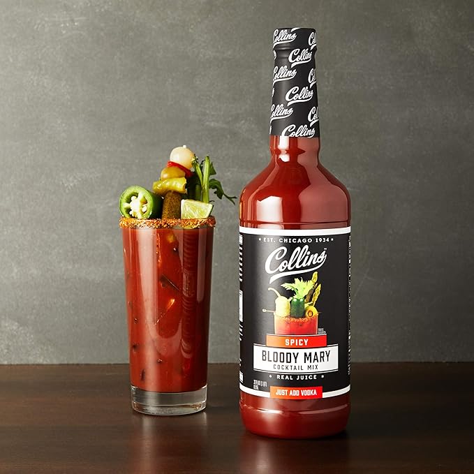 Collins Spicy Bloody Mary Mix, Brunch Cocktail Recipe, Bartender Mixer, Drinking Gifts, Home Cocktail bar, Set of 6 32 fl oz Bottles