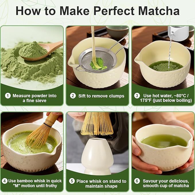 Matcha Set, 9 Pcs Ceramic Matcha Set Includes Bowl, Whisk and Holder, Bamboo Scoop, Scoop Rest, Sifter and Tea Towel ect- Complete Kit for Traditional Matcha, Modern Lattes (Milky White)