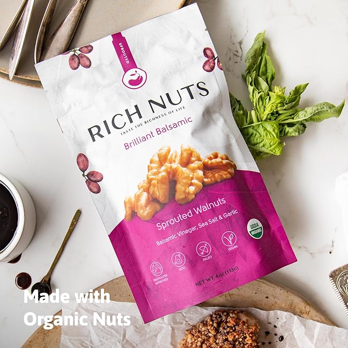 Rich Nuts Brilliant Balsamic Gourmet Sprouted Walnuts | Vegan, Paleo, Keto | Balsamic Vinegar, Garlic and Sea Salt | Non-Roasted, Dehyrdated, Germinated, Raw and Whole | 4 Oz Bag (2 Pack)