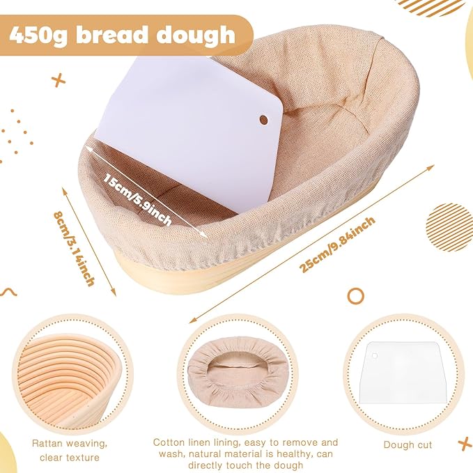 Gejoy Oval Banneton Bread Proofing Basket Set of 8, Sourdough Bread Baking Bowl Kit with Cloth Liners and Dough Scrapers Natural Rattan Banneton Sourdough Bowl Basket for Bakers(10 Inch)