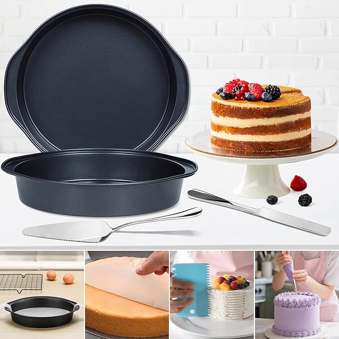 Cake Pan Set - 138 Piece 8-inch Round Cake Pans, Carbon Steel Cake Pan with Handles, Cake Decorating Kit with Parchment Papers, Piping Bag and More Accessories
