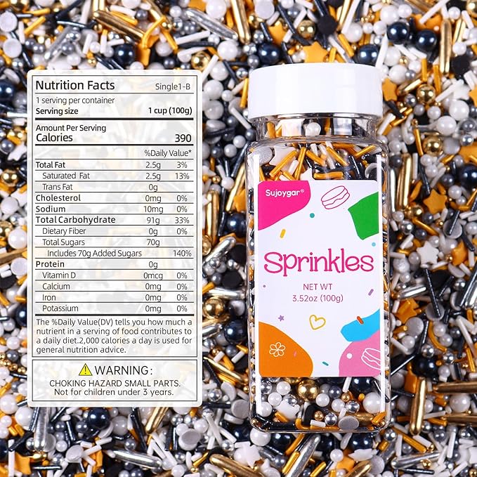Black Sprinkles for Cake Decorating, 3.52oz Graduation Candy Sprinkles, Metallic Gold and Silver Sugar Candy for Cupcakes Baking Ice Cream Cookies, Wedding Birthday Party Decorations