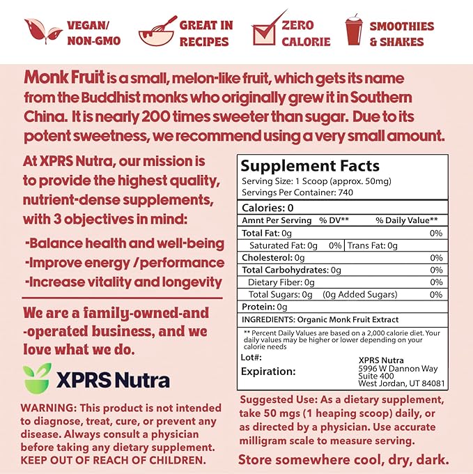 XPRS Nutra Monk Fruit Extract Powder - 1.3 Ounces of Premium 25% Mogroside Monk Fruit Sweetener Sugar Substitute (Pack of 2)