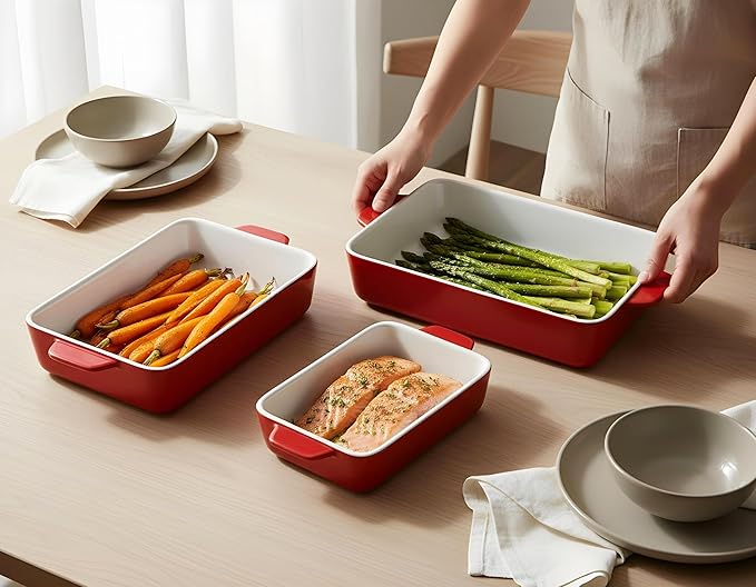 Kook Ceramic Bakeware Set, Rectangular Baking Dishes, For Casseroles, Lasagna, Cake, Small, Medium & Large Pans, Microwave & Dishwasher Safe, Set of 3, Cherry