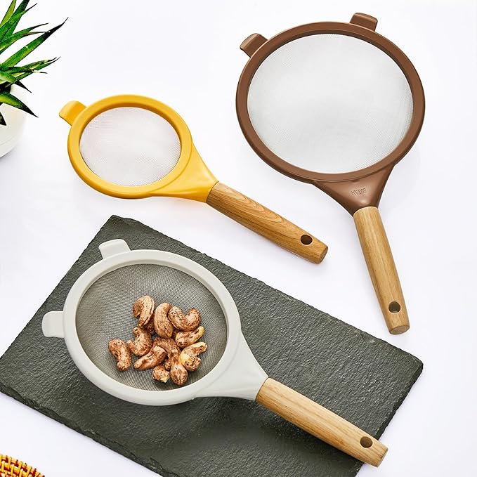 Wood Handle Strainers Fine Mesh Set, 3 Pcs Stainless Steel Sifter for Baking, Plastic Colorful Mesh Strainer with Handle for Juice, Flour, Rice, Tea Straining- 3 Sizes