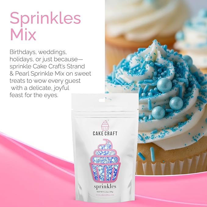 Cake Craft Blue Sprinkles Mix – 3-Pack (100g Each) | Sugar Strands & Sugar Pearls | Elegant Mixed Sprinkles for Cakes, Cupcakes, Cookies & More