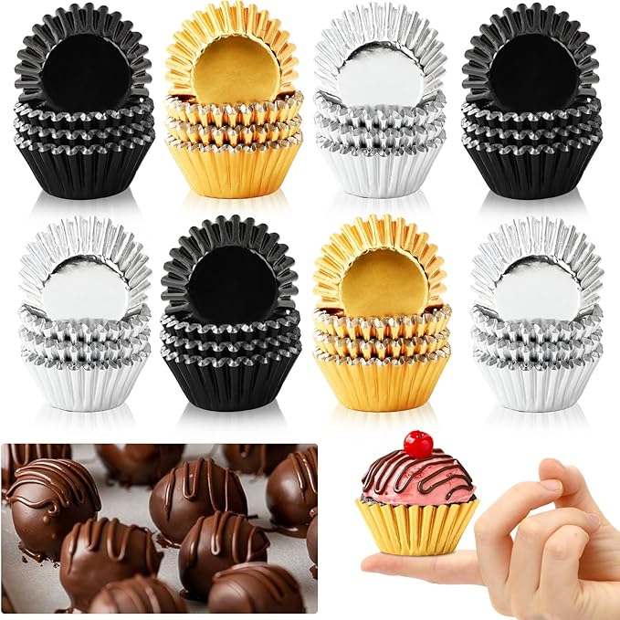 AUGSUN 400pcs Graduation Mini Foil Cupcake Liners Golden Silver Black Cupcake Baking Cups Metallic Mini Muffin Cupcake Wrappers for Graduation New Year Party Cake Candy Chocolate Decorations Supplies
