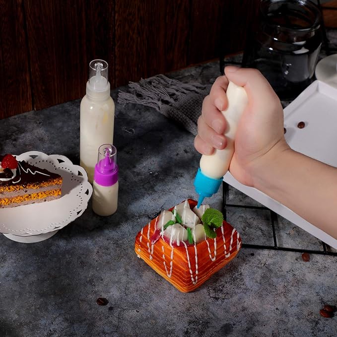 Patelai 12 pcs Cookie Icing Bottles Writer Set Include Cake Decorating Squeeze Bottles and Sugar Stir Needles, 1 Piece Brush for Cleaning Ice Cream Decoration, 4 Sizes