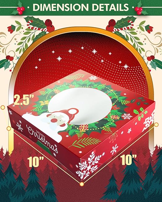 qiqee New Christmas Pie Boxes with Window 10x10x2.5 Inch 12Packs Cookie Donut Bakery Box