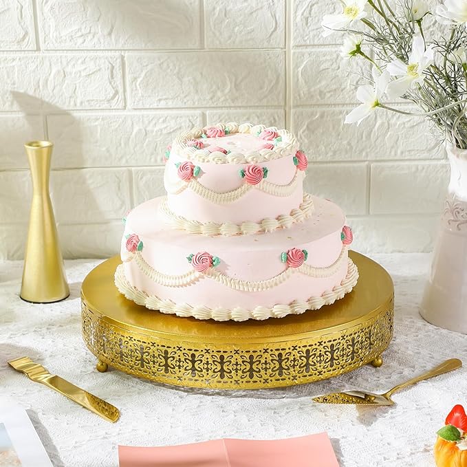 Wenqik Gold Cake Stand, 14 Inch Metal Round Cupcake Dessert Stand with Cake Knife and Server Wedding Cupcake Display Holder Cookies Serving Tray for Wedding Birthday Baby Shower Party