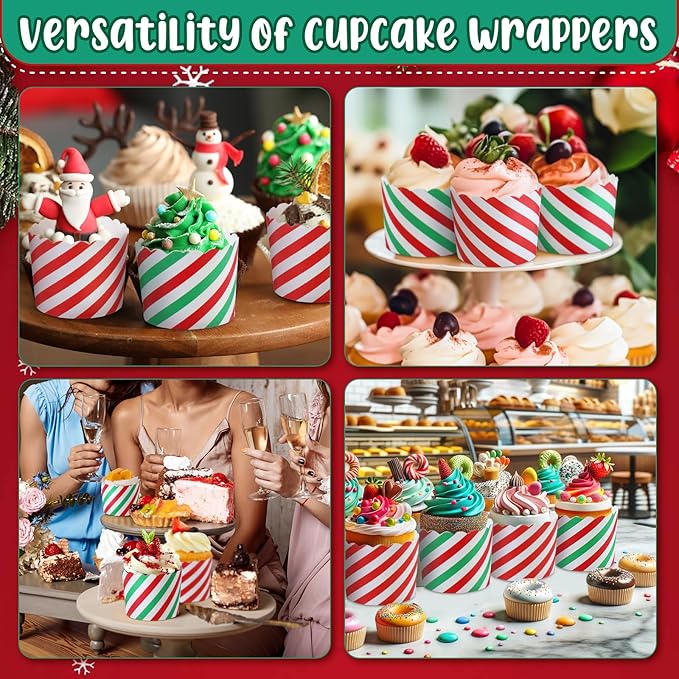 100 Pcs Christmas Cupcake Liners Bulk Red Green Baking Paper Cup Xmas Muffin Wrappers Striped Candy Pattern Baking Cup for Christmas Birthday Decoration, 2.8" x 2.4" x 2.2"