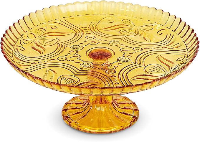 Amici Home Flower Footed Glass Cake Stand | Round Vintage Style Cake Plate | Serving Platter for Cupcakes, Cookies | Dessert Display Stand for Parties, Weddings, and Gift | 10” D x 4” H (Amber)