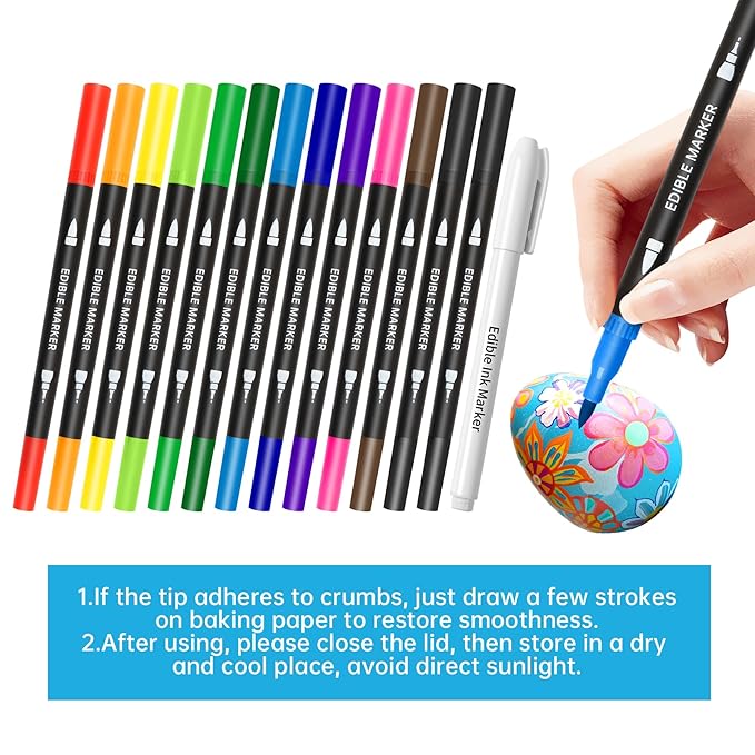 Edible Markers - 14 Colors Double Sided Food Coloring Pens with Fine & Thick Tips for Cookie Decorating, Fondant, Desserts & Easter Eggs