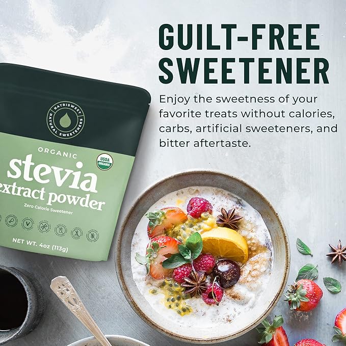 Organic 100% Pure Stevia Powder, 4 oz, Satisfies Sweet Cravings, Lowers Blood Sugar Levels for Diabetics, Bulk Powdered Stevia Extract Sweetener for Better Baking & Beverages, 800+ Servings by NatriSweet
