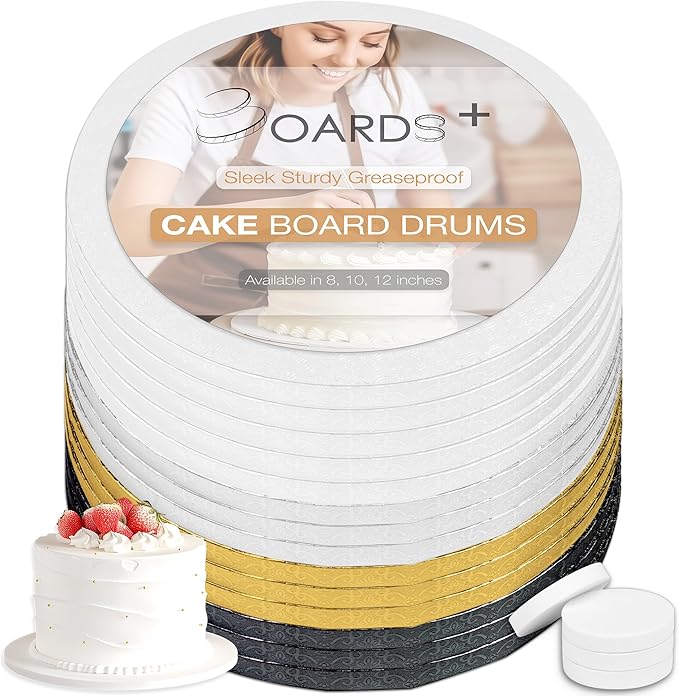 BOARDS+ 14 Pack Cake Drums 8 inch in White, Silver, Gold, Black Color | Free Prop Up Tools | Sleek Greaseproof 1/2" Thick Cake Rounds | Sturdy for Heavy/Tiered Cakes