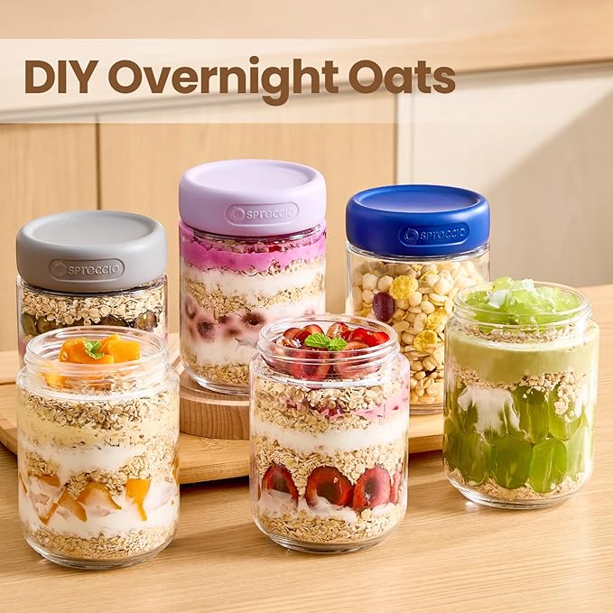 6-Pack 16oz Borosilicate Glass Jars with Airtight Lids, Overnight Oats Containers with Lid, Glass Jars for Overnight Oats Yogurt Chia Pudding Pickles Snacks Meal Prep