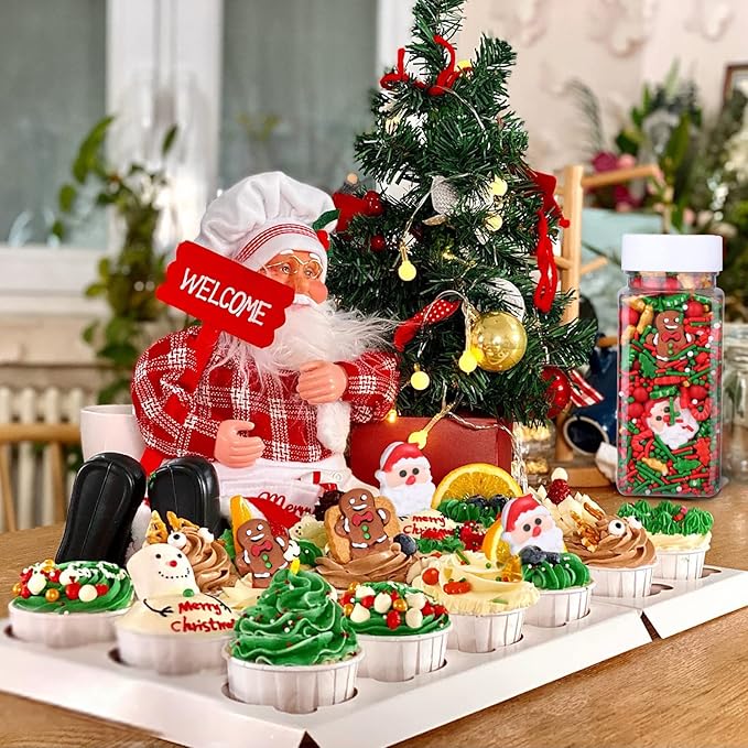 LEBERY 1 Bottle Christmas Sprinkles Holiday Sprinkle Mix Christmas Tree Santa Claus Sprinkles Christma Jimmies Red and Green Sprinkle Edible Xmas Cake Topper for Cookie Baking Decorating