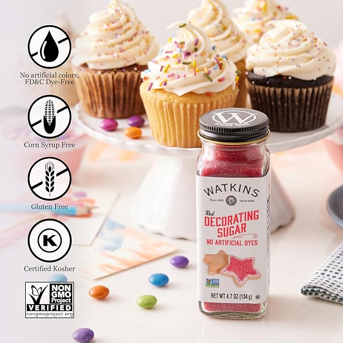 Watkins Red Decorating Sugar (No Artificial Dyes), Non-GMO, Kosher, 4.7 Ounce Jar, 1-Pack