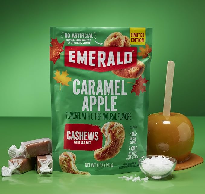 Emerald Salted Caramel Apple Cashews (1-Pack) | 5oz Resealable Bag | Kosher Dairy Certified, Non-GMO, Contains No Artificial Preservatives, Flavors or Synthetic Colors