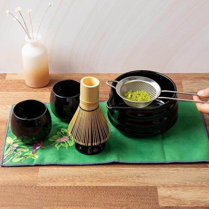 Matcha Whisk Set- Matcha Set includes Matcha Whisk and Bowl (Bowl with Spout), Sifter, Holder and Scoop- The Perfect Bamboo Whisk for Matcha Tea (Black- 7PC)