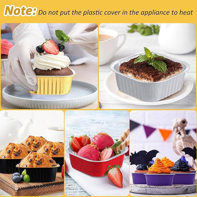 Aoriher 300 Pieces 10 oz Mini Cake Pans with Lids, Aluminum Foil Baking Cups, Square Disposable Cupcake Cups Baking Tins for Wedding Birthday Party Supplies(Multicolor)