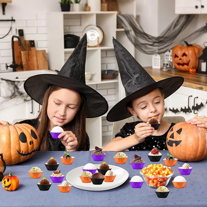 AUGSUN 400pcs Halloween Mini Foil Cupcake Liners, Black Purple Orange Metallic Muffin Cupcake Wrappers for Halloween Holiday Birthdays Showers Party Cake Candy Chocolate Decorations Supplies