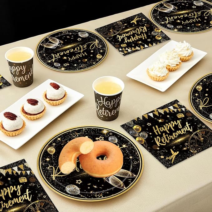 40pcs Retirement Party Decoration,include 20 dessert plate, 20 Napkin,Black Gold Disposable Tableware Used for Retirement Party Supplies