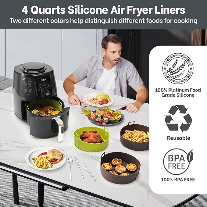 Air Fryer Silicone Liners 4QT For Ninja AF101, 2 Pack BPA Free Platinum Air Fryer Basket Liners with Handle, Round Ninja Reusable Fryer Accessories