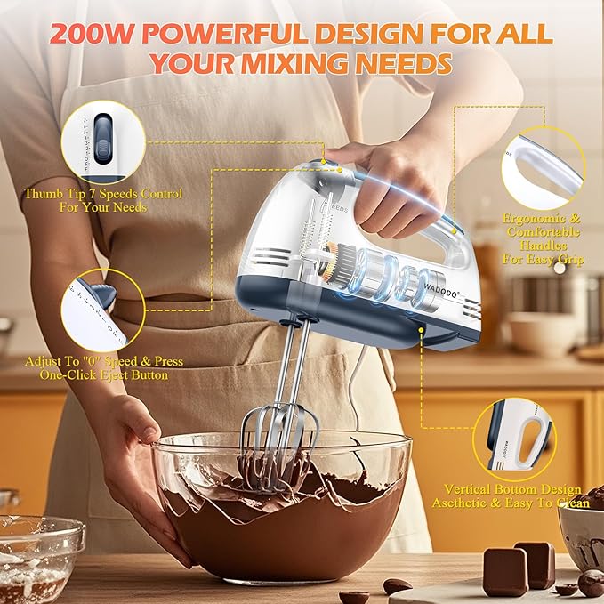 WADODO 200W Electric Hand Mixer – 7-Speed Kitchen Mixer Small Food Mixer with 304 Stainless Steel Beaters, Dough Hooks & Whisk for Baking Cakes, Cookies & Cream