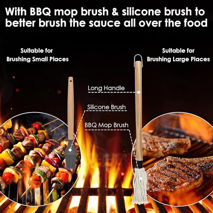 BBQ Mop Brush and Cast Iron Sauce Pot Set, 8Pcs Barbecue Accessories Include Basting Melting Pot, 2 Size Wooden Handle Sauce Mops with 4Pcs Replacements and Oil Brush for Meat Smoker, Grill, Stove