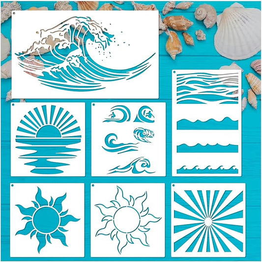 yhslmh Beach Wave Stencils for Painting on Wood Reusable Canvas Nautical Sunrays Stencil for Crafts Kids Art Projects Drawing Card Making Pattern for Wall Decorative (Sunrays Wave)