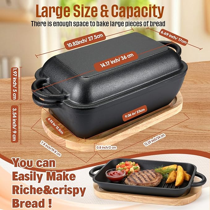 2 in 1 Cast Iron Bread Loaf Pan with Lid and Oak Serving Board, 14 x 7 Inch Covered Baking Set for Homemade Bread, Meatloaf, Ideal Gift for Home Cooks, Bakers, Family, Cooking Enthusiasts